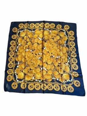 Chanel Navy & Gold Coin Print Silk Scarf